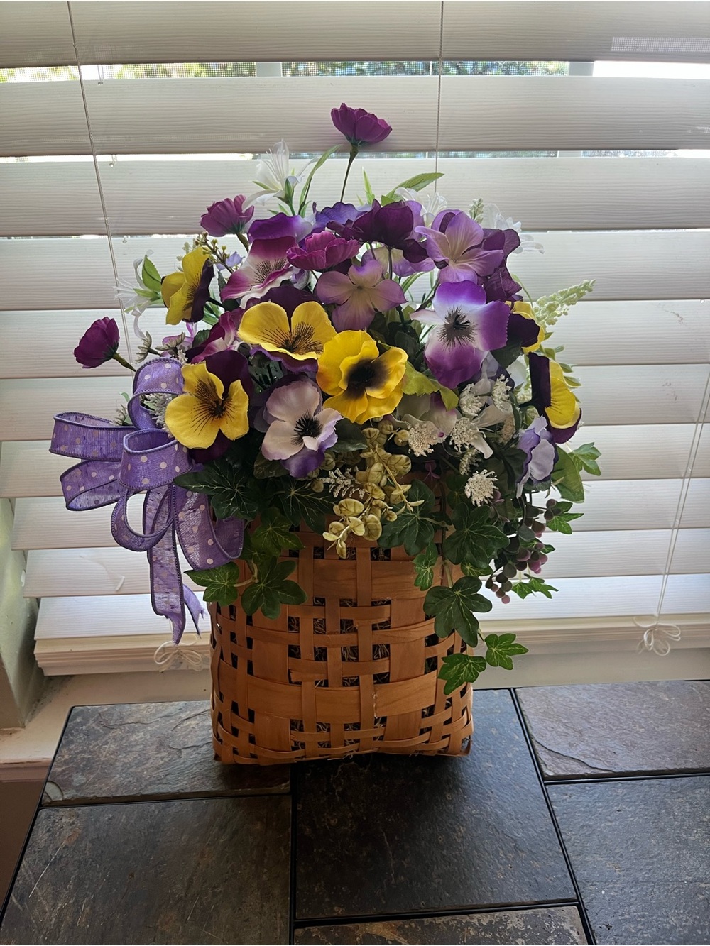 Artificial Pansy Floral Arrangement in Basket - Purple & Yellow